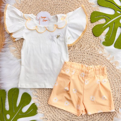 Conj. Blusa com Manga Bordada e Short Margaridas - Amarelo